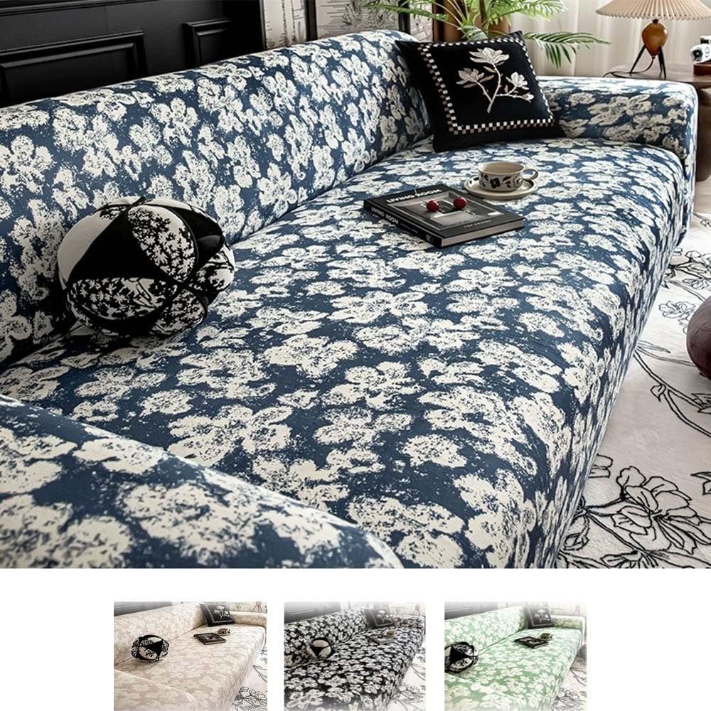 Printed Stretch Sofa Cover, 3-Seater, Blue, 190–230 cm