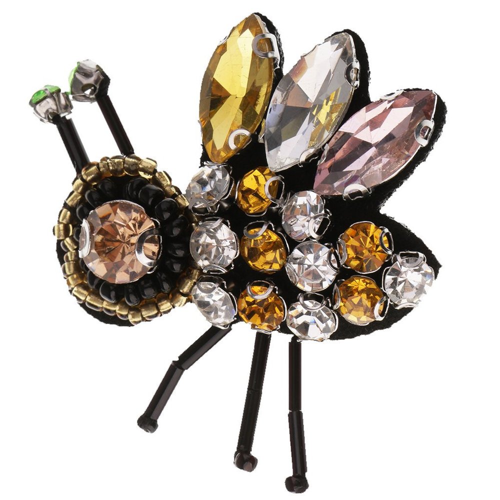 Iron-On or Sew-On Bee Patch with Beads and Rhinestones, Yellow