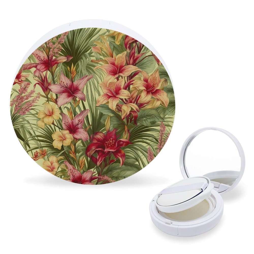 Empty Portable Cushion Compact, Tropical Palm Flower Print, Refillable Foundation Case with Puff and Mirror