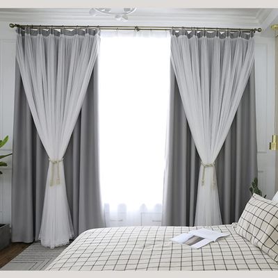 Double-Layer Blackout Curtain with Voile Panel for Living Room and Bedroom, Thermal Insulation and Shading, Gray, Black, Beige and Pink, Pencil-Pleat Design, 1 Piece