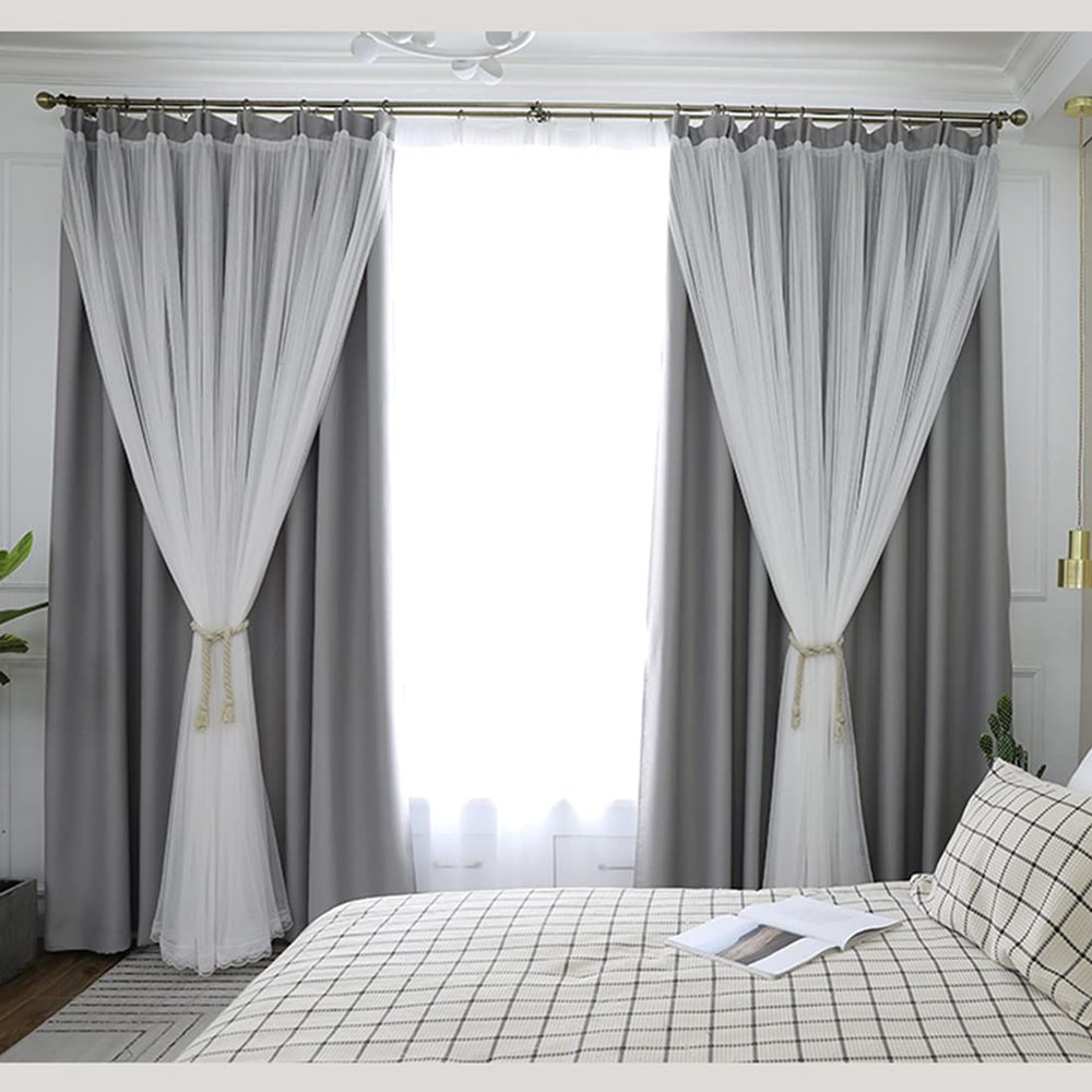 Double-Layer Blackout Curtain with Voile Panel for Living Room and Bedroom, Thermal Insulation and Shading, Gray, Black, Beige and Pink, Pencil-Pleat Design, 1 Piece