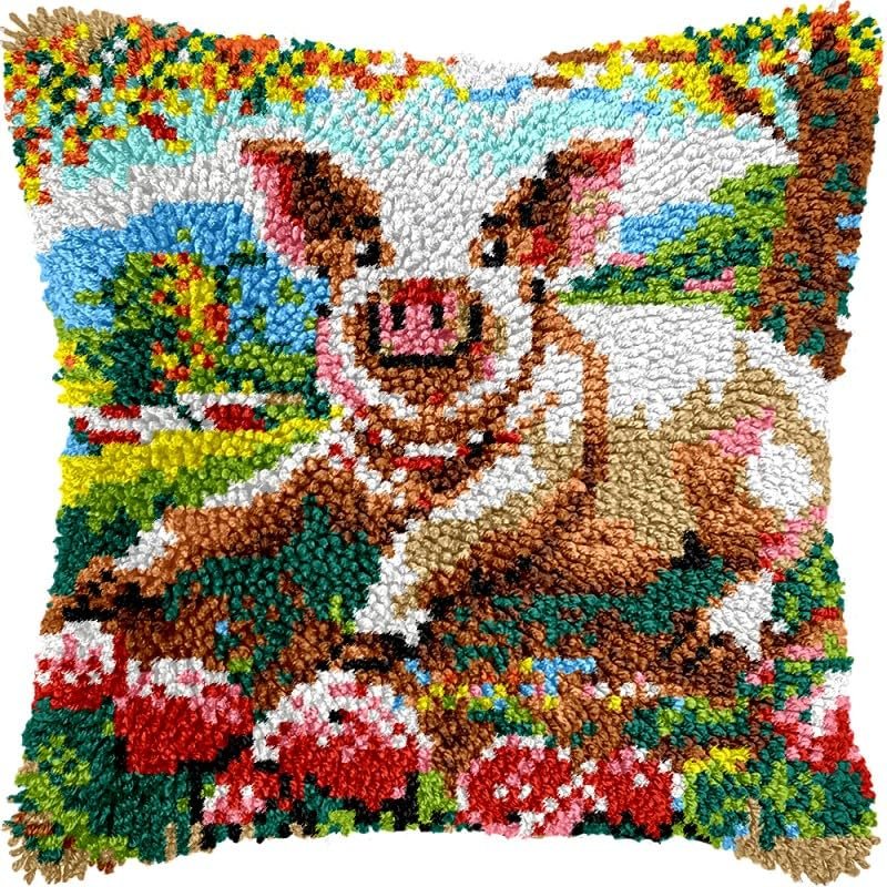 Latch Hook Pillow Kit with Flower Pig Design for Adults, 17 x 17 in