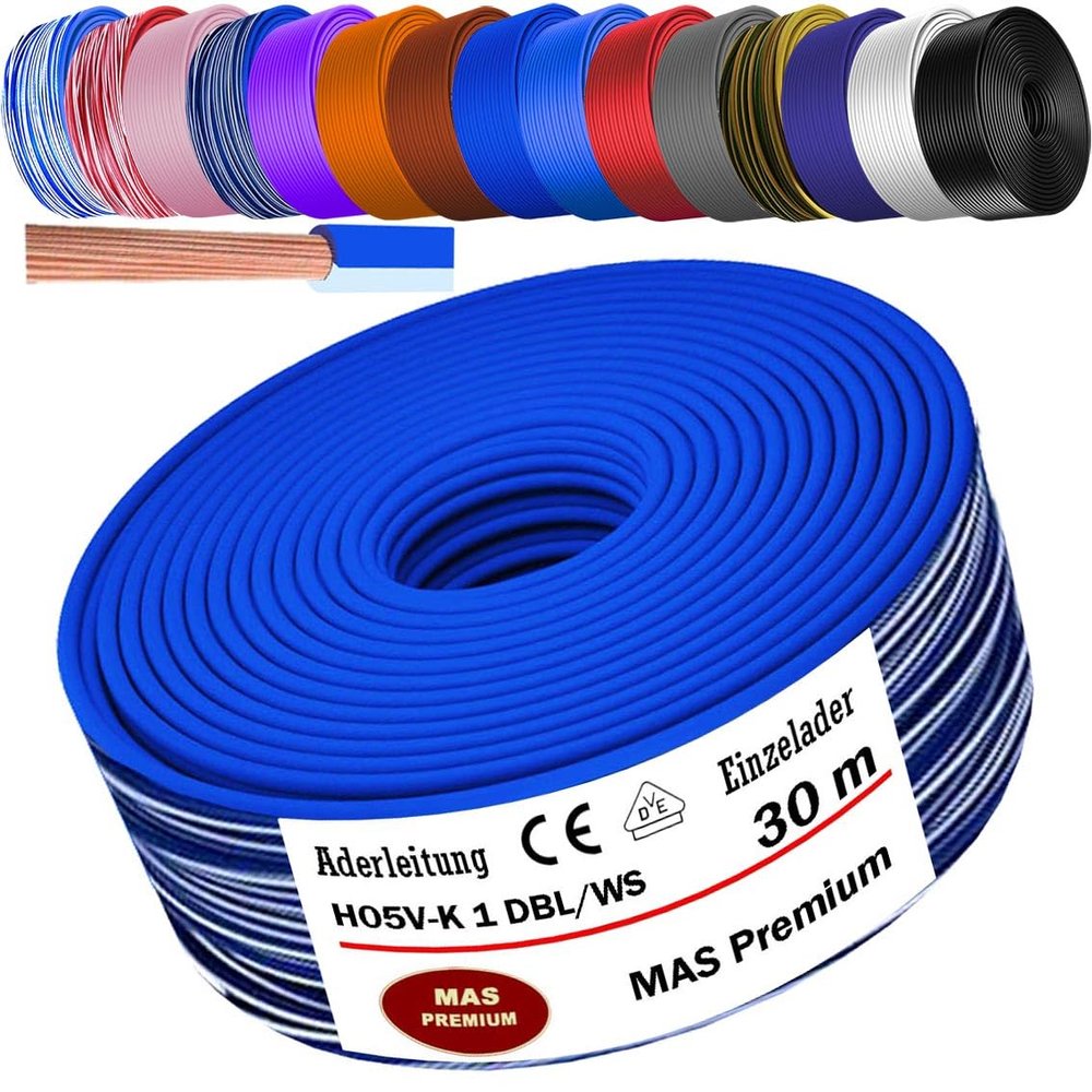 MAS Premium H05 V-K 1 mm Flexible Single-Core Wire, Dark Blue-White, 30 m