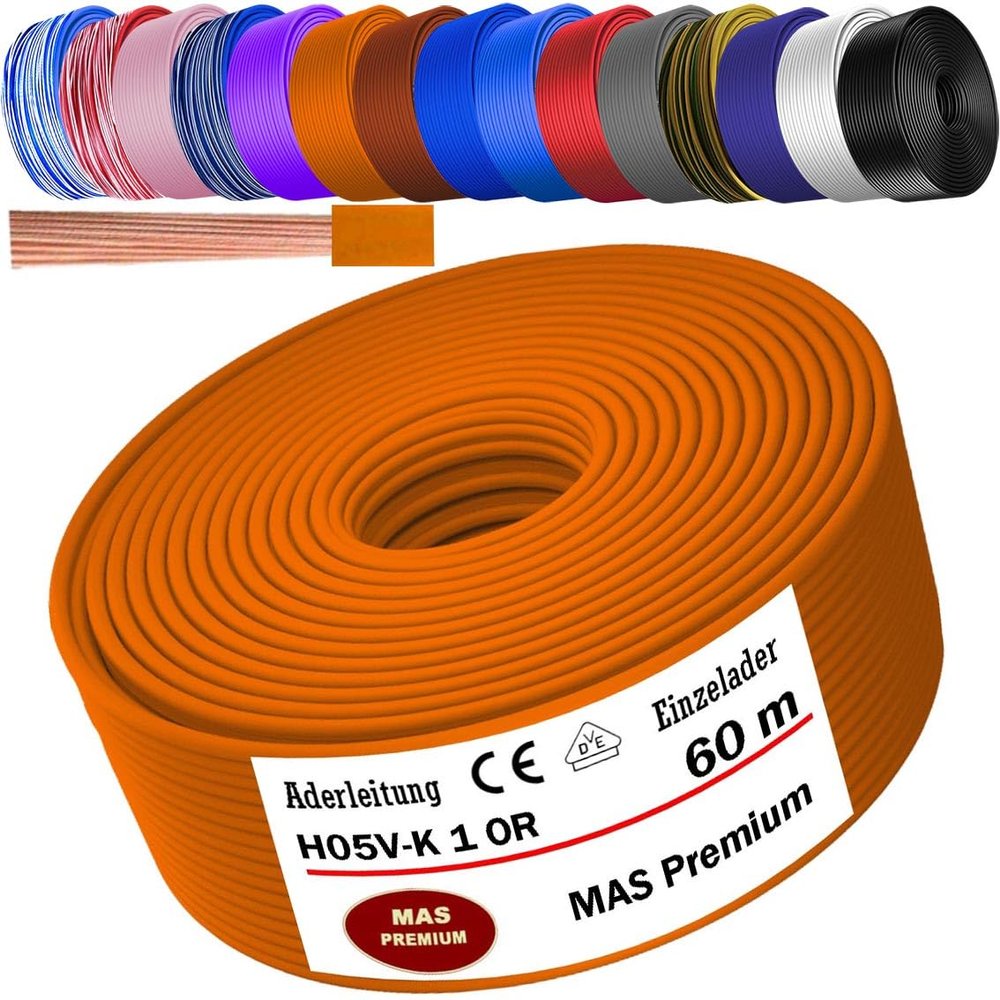 MAS Premium H05 V-K 1 mm Flexible Single-Core Wire, Orange, 60 m