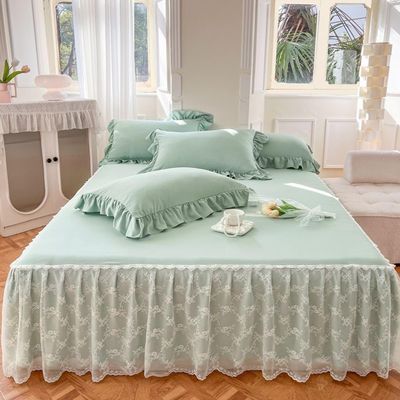 Princess-Style Lace Patchwork Bed Skirt, King Size, 18 in Drop, Pink/Green, 200 x 220 cm