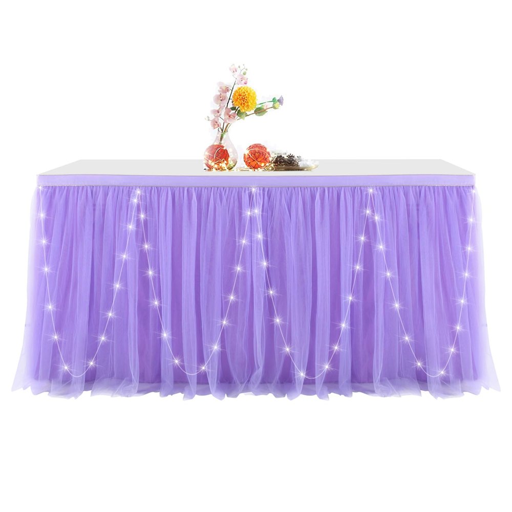 Tulle Table Skirt with LED Lights, Ruffled Tutu Design, Purple, 9 ft (2.75 x 0.77 m)