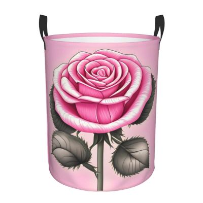 Beautiful Pink Rose Round Single-Layer Laundry Basket with Handles