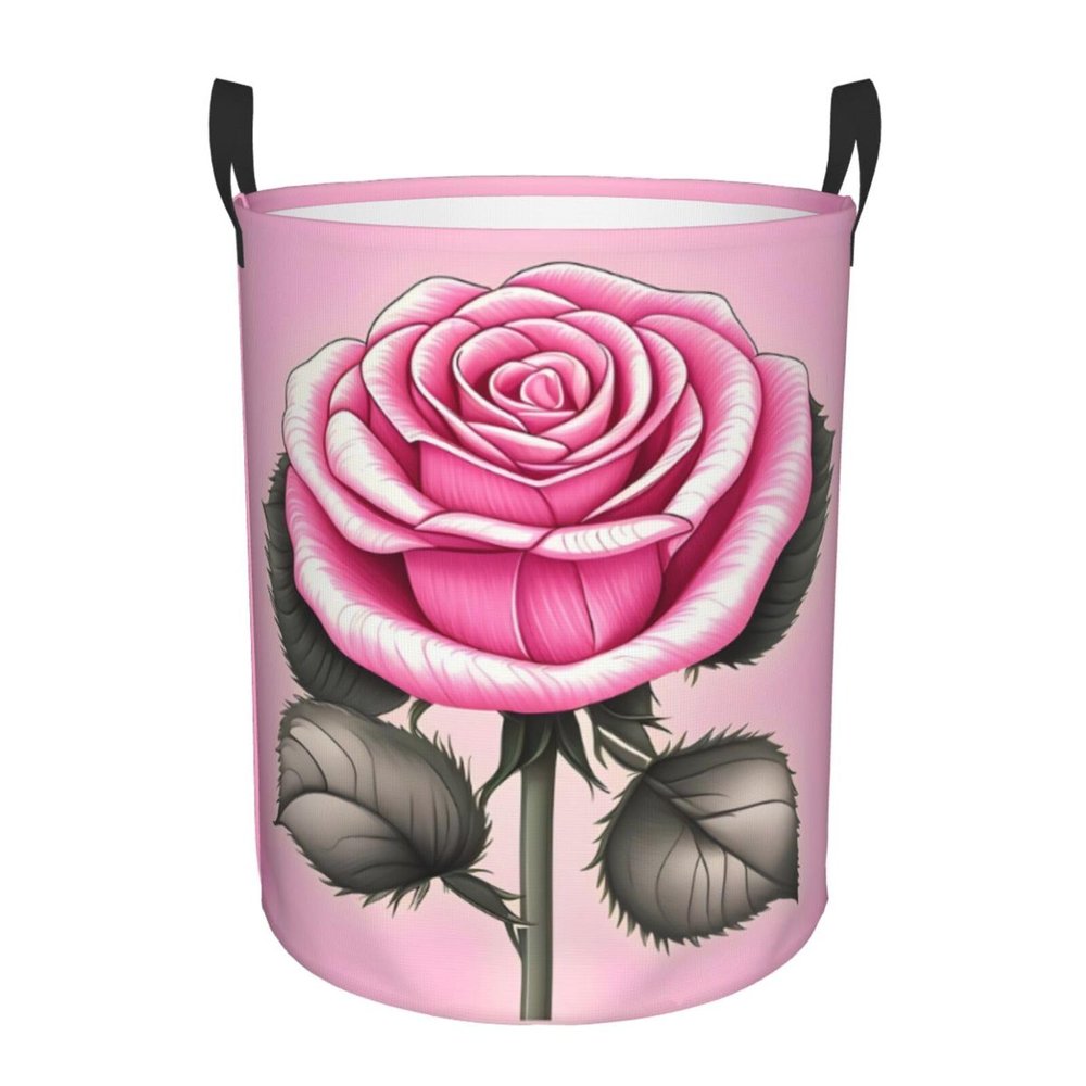 Beautiful Pink Rose Round Single-Layer Laundry Basket with Handles