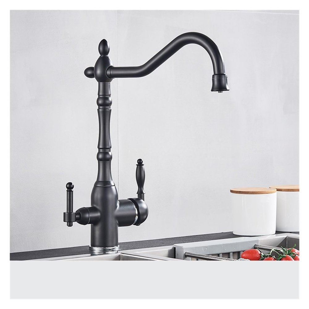 DPNABQOOQ Antique Brass Filtered Kitchen Faucet, Hot and Cold Mixer Tap, 360° Swivel, Black Chrome