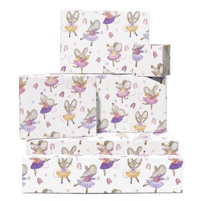 Mouse Gift Wrapping Paper, 6 Sheets for Her, Ballerina Mouse, Rainbow, Heart, White, with Stickers, Recyclable, by Central 23