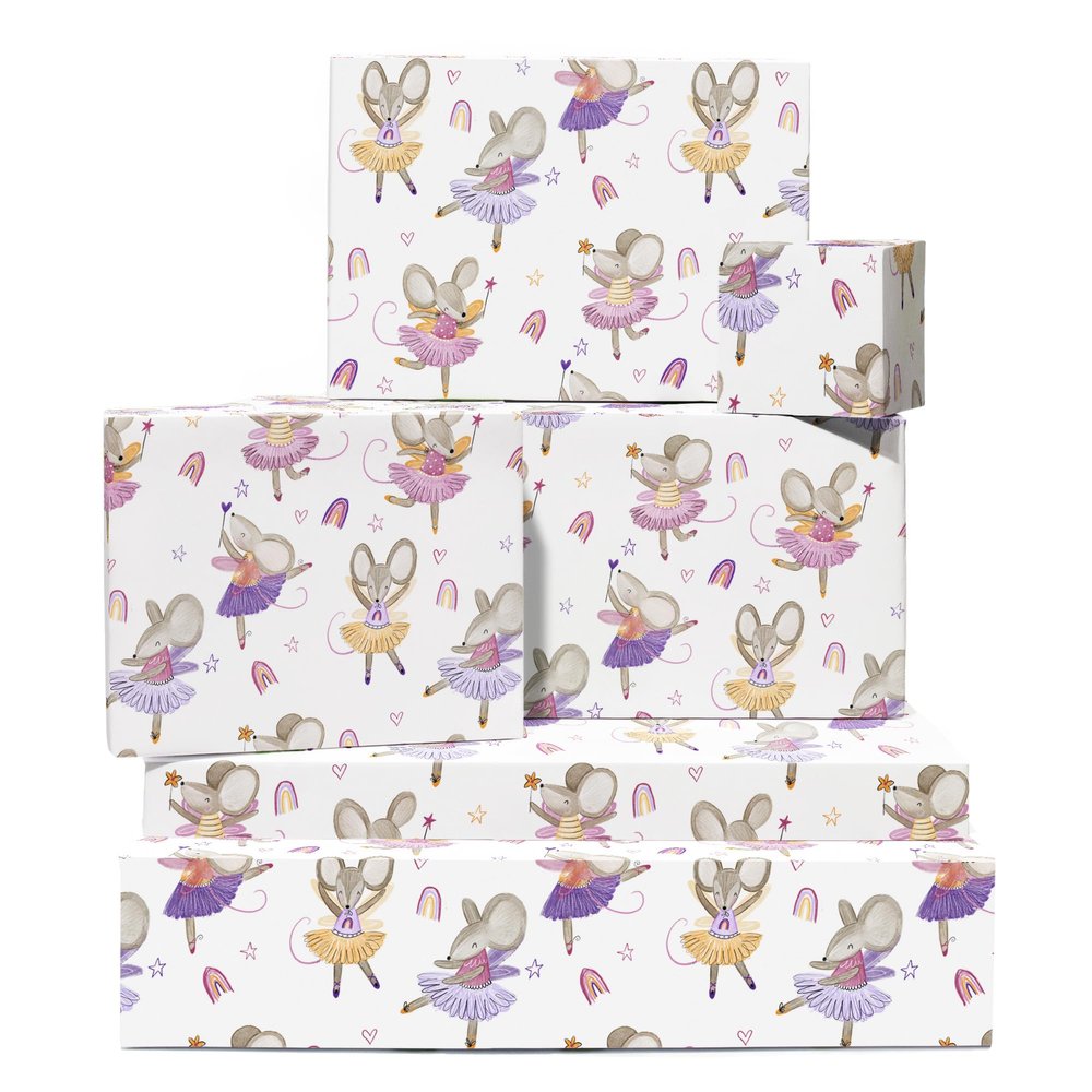 Mouse Gift Wrapping Paper, 6 Sheets for Her, Ballerina Mouse, Rainbow, Heart, White, with Stickers, Recyclable, by Central 23