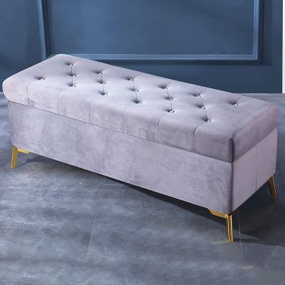 CHYOOP Luxurious Crystal-Button Velvet Storage Ottoman Bench, Light Gray, 60 x 42 x 45 cm