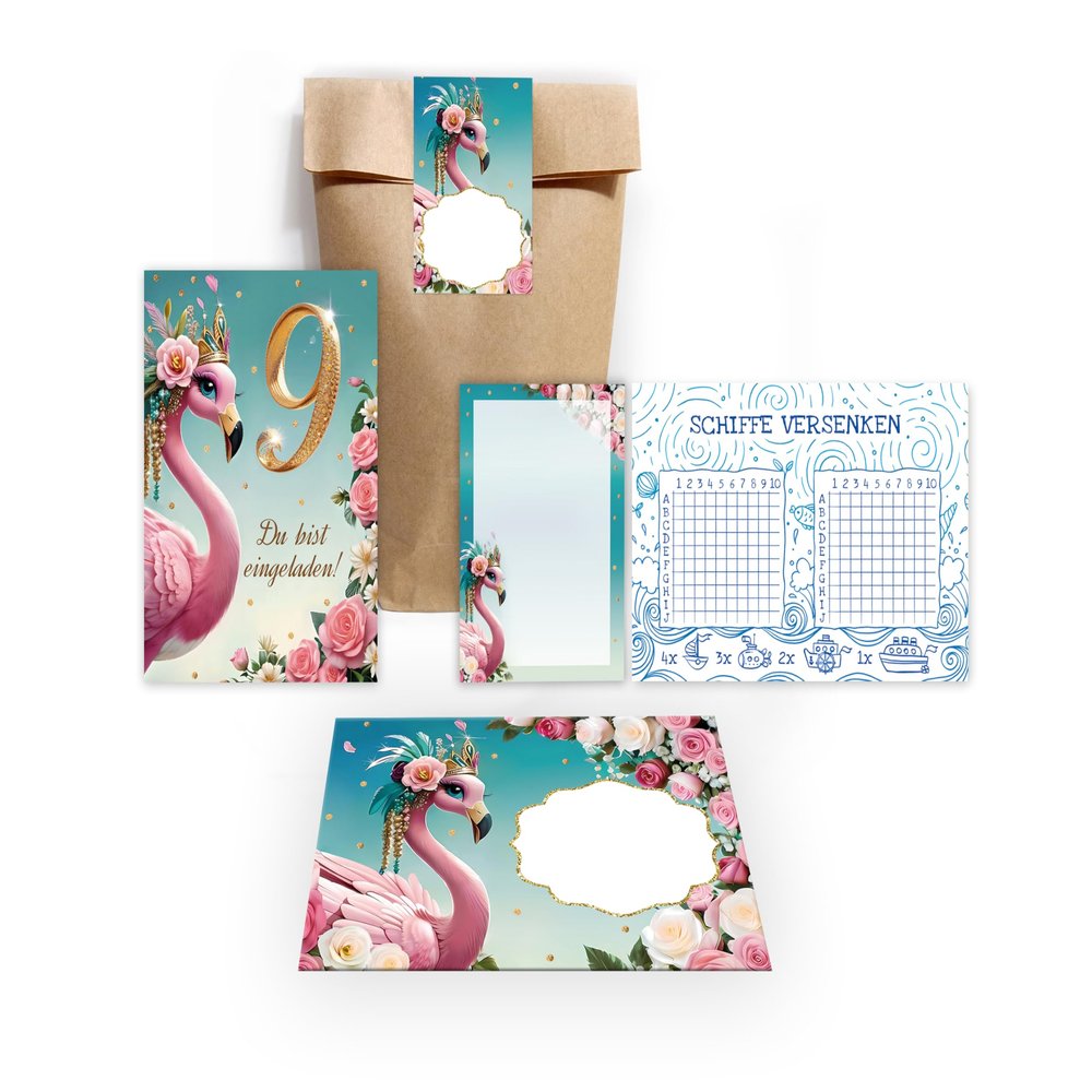 10 Flamingo Invitation Cards for a Girl’s 9th Birthday, with Envelopes, Favor Bags, Stickers, Notepads and Battleship Games