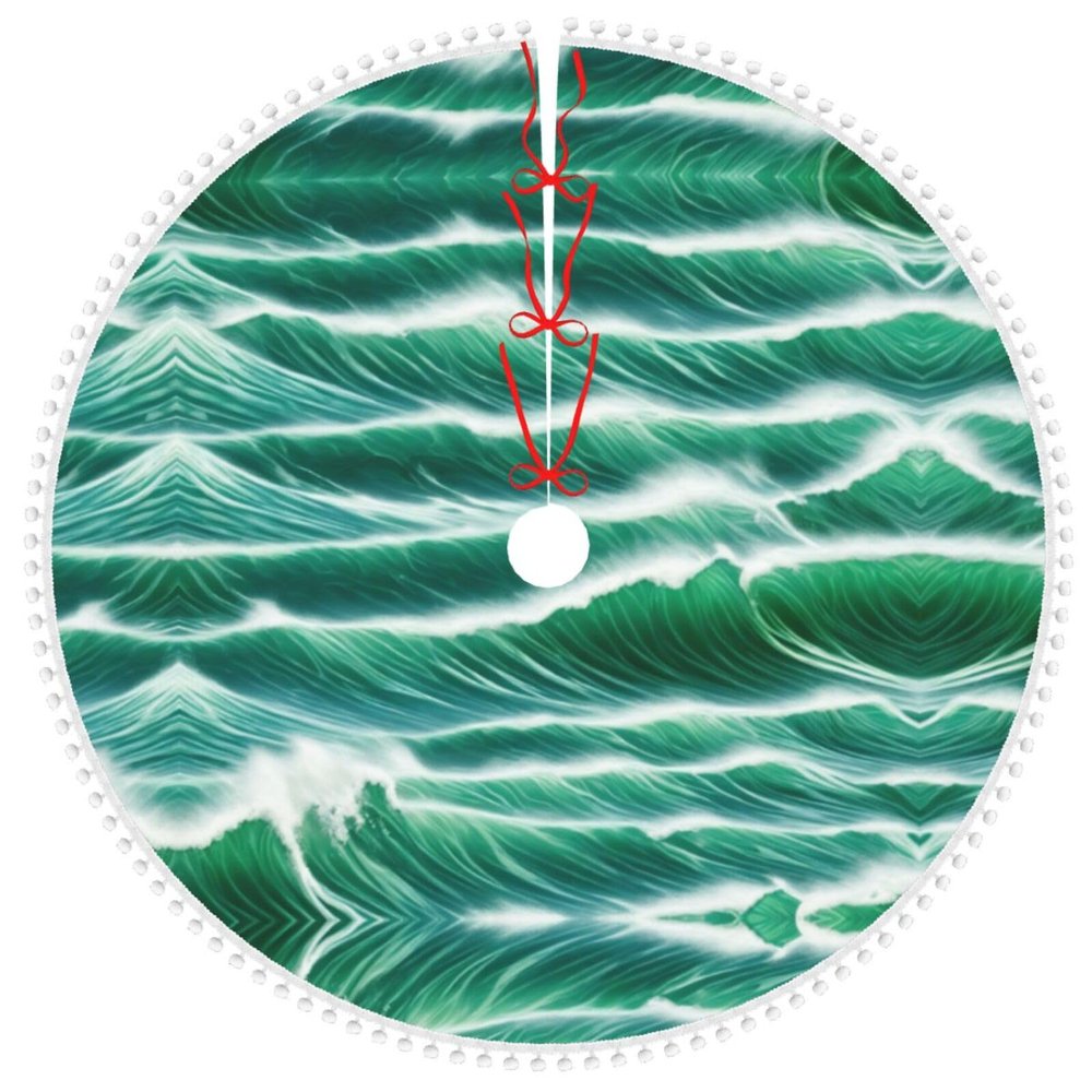 Ocean Green Wave Surf 01 Christmas Tree Skirt with Thick Pom-Pom Trim