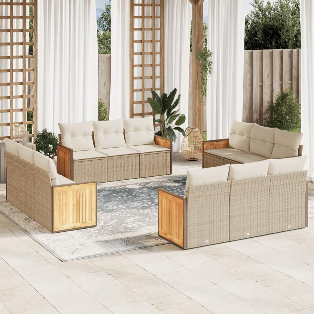 12-Piece Beige Poly Rattan Garden Sofa Set with Cushions
