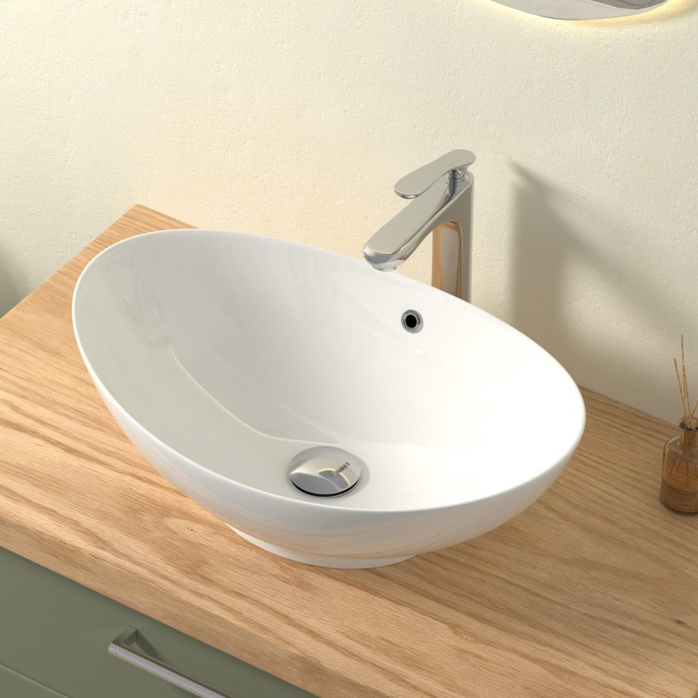 CASAMO Oval Countertop Bathroom Sink with Lotus Effect, White High-Gloss, 58.5 x 38 x 19 cm