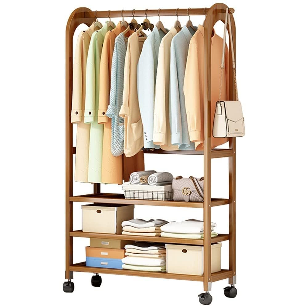 Wooden Garment Rack with 3-Tier Shelves and 4 Casters