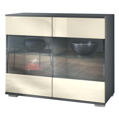 Vladon Bari V3 Sideboard with 2 Glass Doors and RGB Lighting, Anthracite Matte/Cream High-Gloss