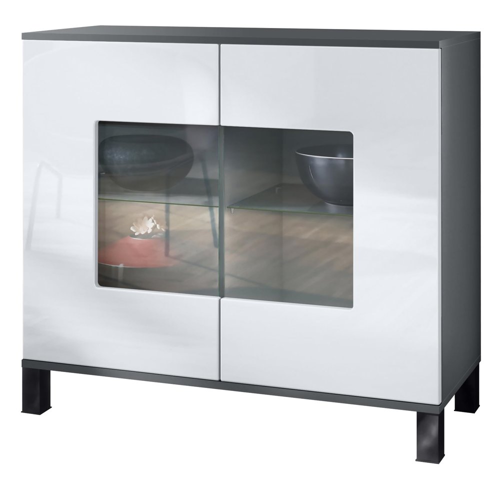 Vladon Grömitz V3 Sideboard, Modern Kitchen Cabinet with 2 Large Glass Doors, Matte Anthracite/High-Gloss White (92.5 x 84.5 x 35 cm)