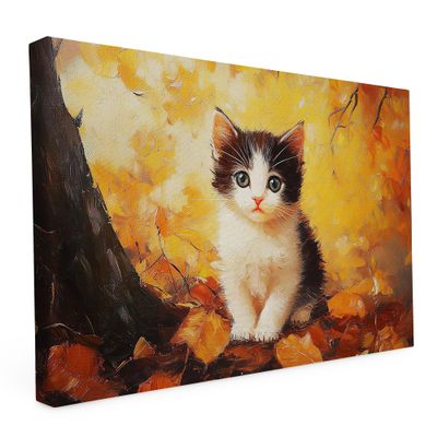 druck.de Stretched Canvas Wall Art 60 x 40 cm – Cat in Autumn – 2 cm Wooden Frame