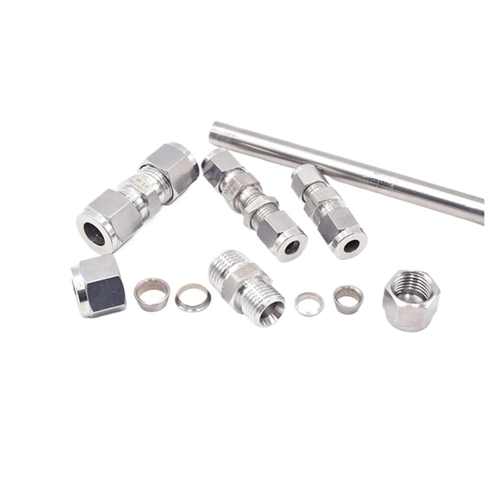 304 Stainless Steel Double-Ferrule Tube Fitting Connector for 3, 4, 6, 8, 10, and 12 mm; 1/8, 1/4, 3/8, and 1/2 in OD Pipe (4 mm)