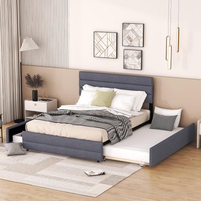 I0I&I0I Platform Bed with Pull-Out Trundle and 2 Drawers, Linen Upholstery, Gray, 203 x 140 x 115 cm