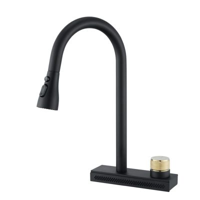 Pull-Out Kitchen Faucet with Waterfall Spout, 3 Spray Functions, Black