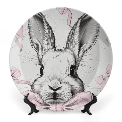 NONHAI Decorative Bone China Plate, 7 in, with Stand, Bow Rabbit Pattern
