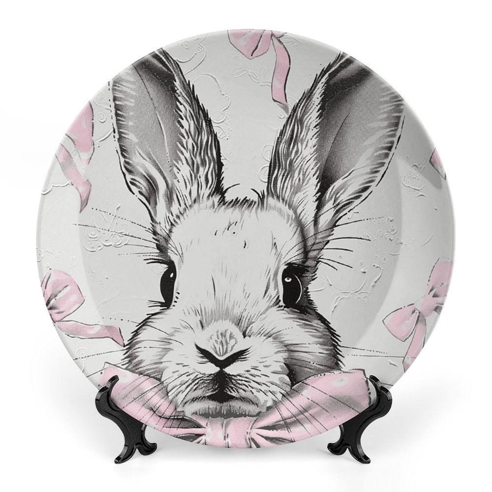 NONHAI Decorative Bone China Plate, 7 in, with Stand, Bow Rabbit Pattern