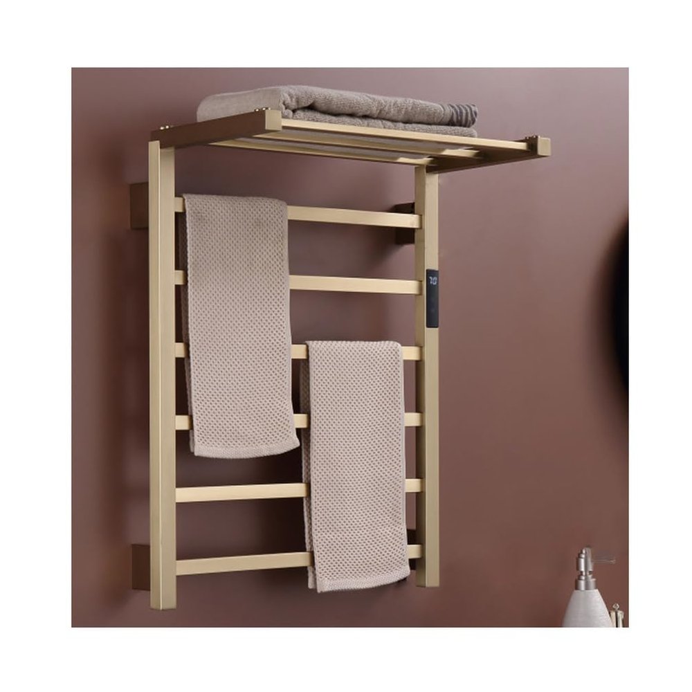 WRJAHCG Electric Stainless Steel Towel Warmer, Wall-Mounted, with Top Shelf, Brushed Gold, Hardwired