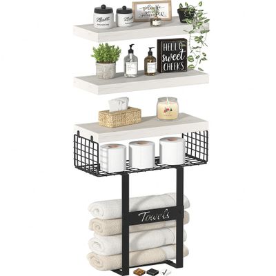 KLUVIS Farmhouse 12DWB3 Bathroom Shelves with Towel Holder, Wall-Mounted, Over-Toilet Storage, 16 in, 3-Piece Set, White and Black