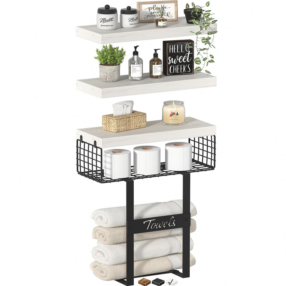 KLUVIS Farmhouse 12DWB3 Bathroom Shelves with Towel Holder, Wall-Mounted, Over-Toilet Storage, 16 in, 3-Piece Set, White and Black