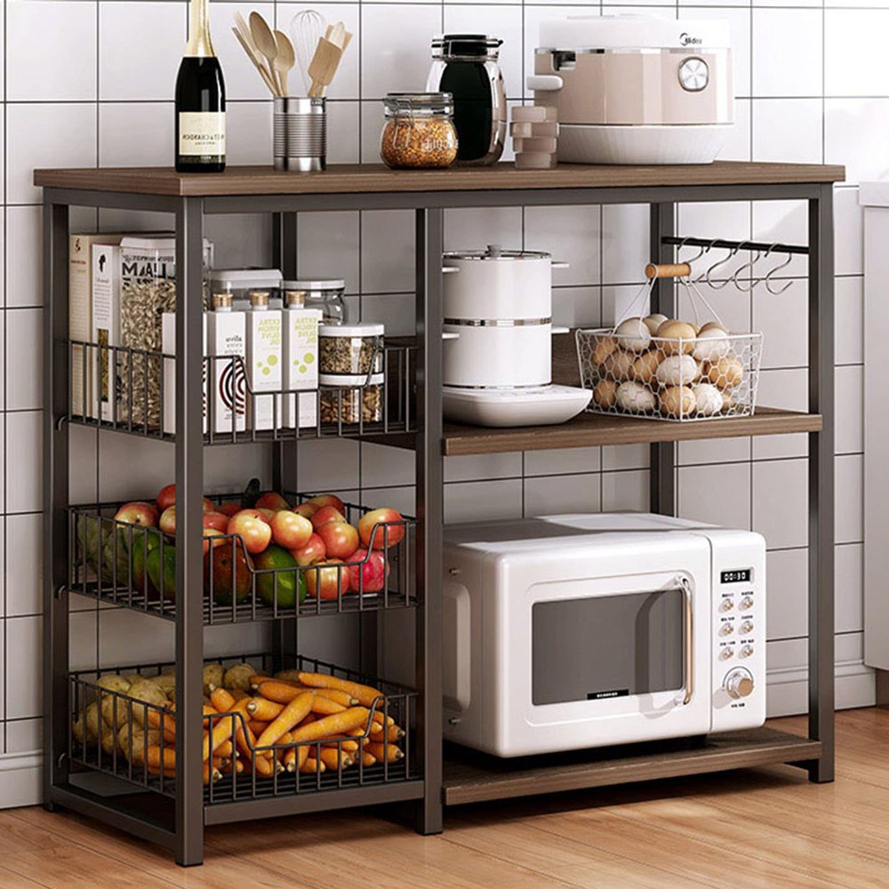 Metal Kitchen Rack with Wooden Shelves, 80 cm Wide