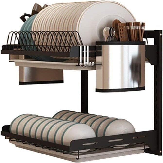 JvFbjLF Black 201 Stainless Steel Wall-Mounted Dish Rack, 2 Tiers