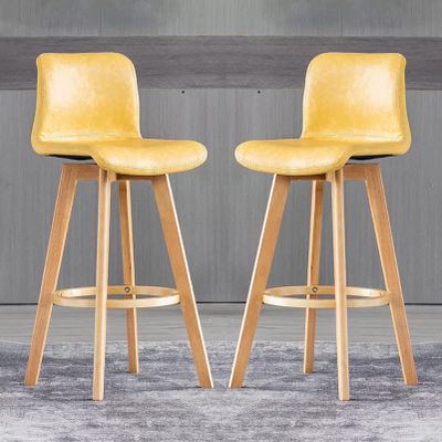 Set of 2 Yellow Faux Leather Bar Stools with Adjustable Swivel Wooden Legs, 61 cm