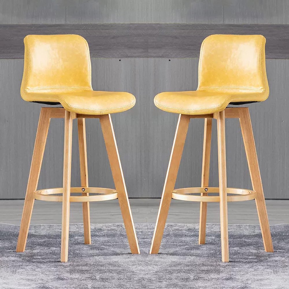 Set of 2 Yellow Faux Leather Bar Stools with Adjustable Swivel Wooden Legs, 61 cm