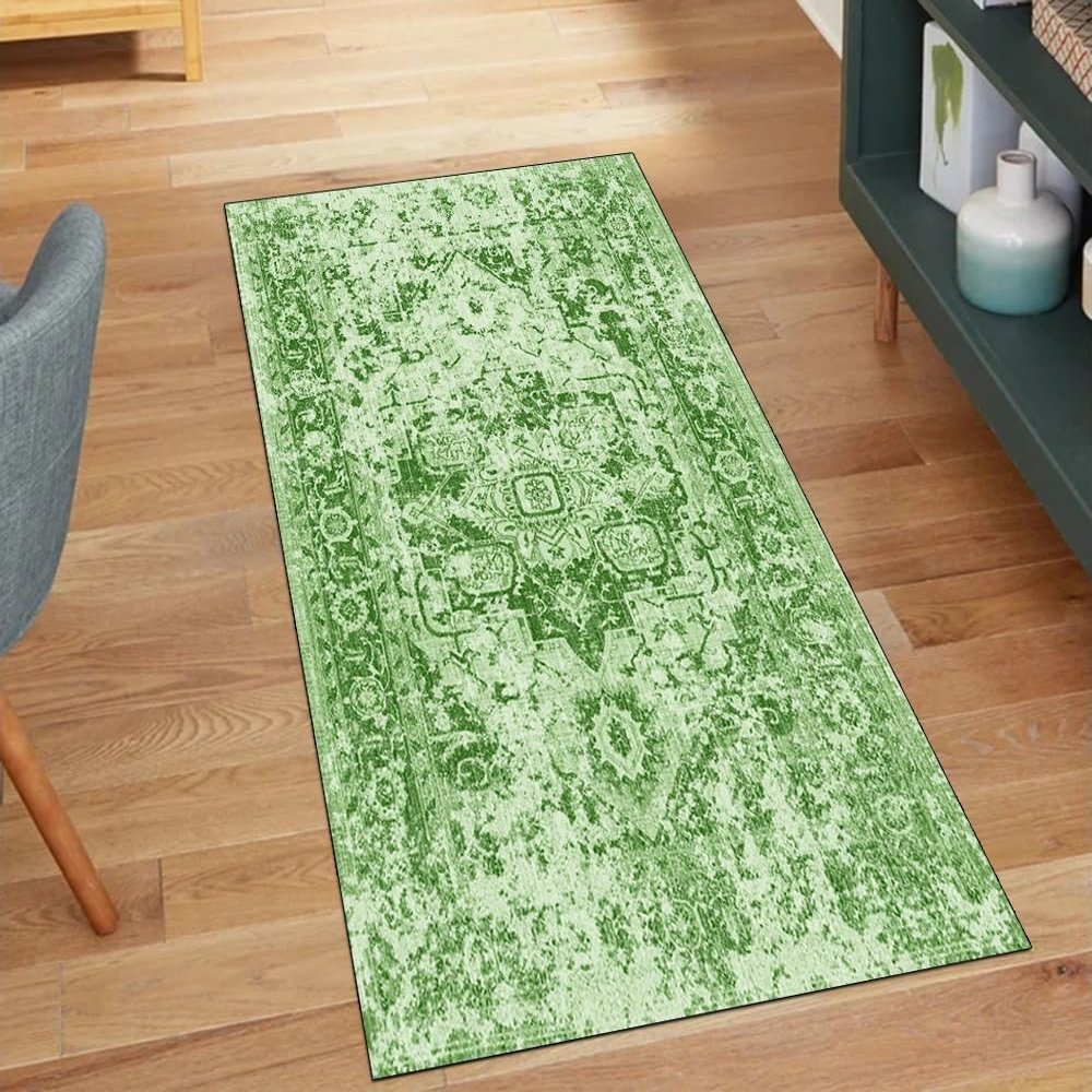 QQrunner Vintage Green Hallway Runner Rug 70 x 80 cm, Non-Slip, Washable