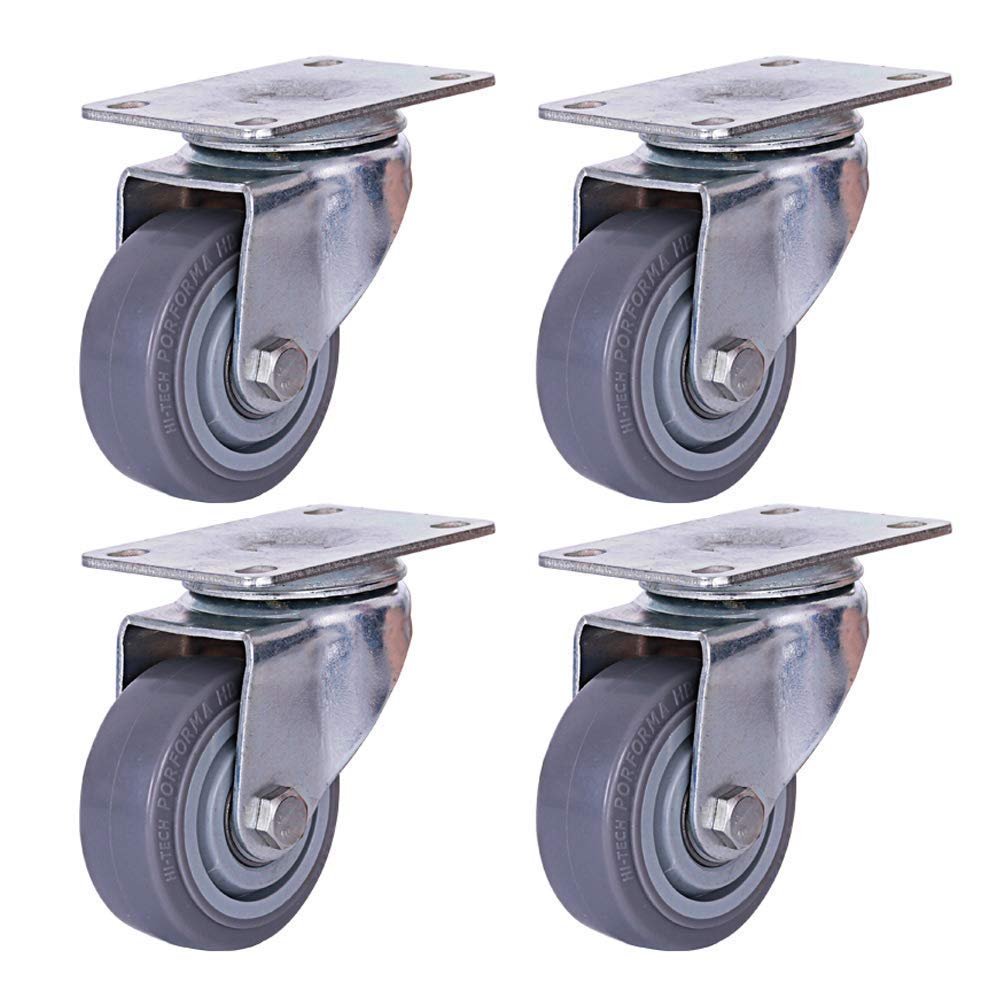 HUJIEAAA Rubber Casters, 4-Pack, Heavy-Duty, Double-Bearing, with Brakes, 200 kg Capacity, 3 in (75 mm), Black