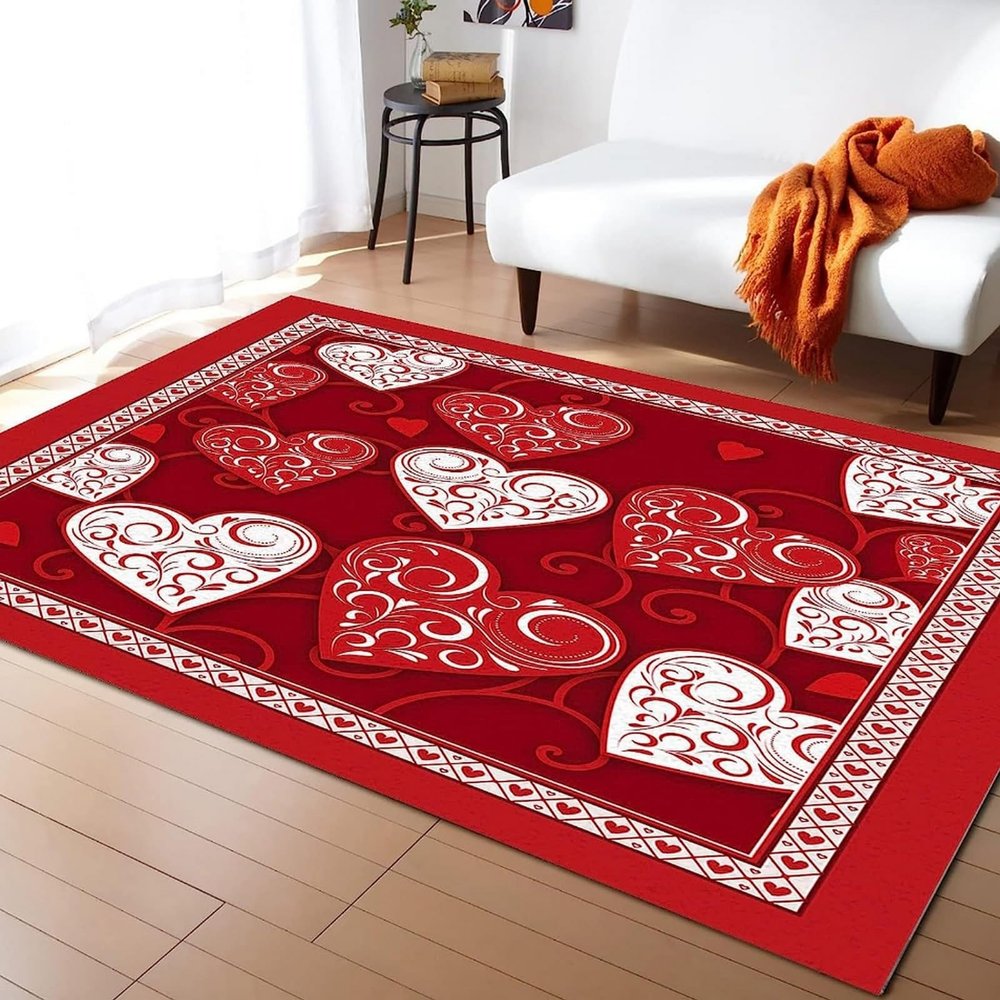 Modern Indoor Floor Mat, 80 x 120 cm, Valentine's Heart Shape, Short-Pile Non-Slip Bath Mat