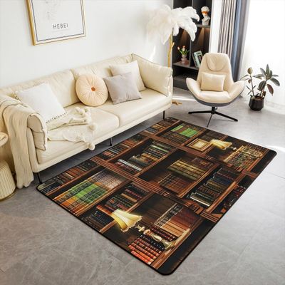 3D Bookshelf Retro-Style Rug, Modern Non-Slip Floor Mat for Bedroom, Office, Living Room or Hallway, 80 x 120 cm
