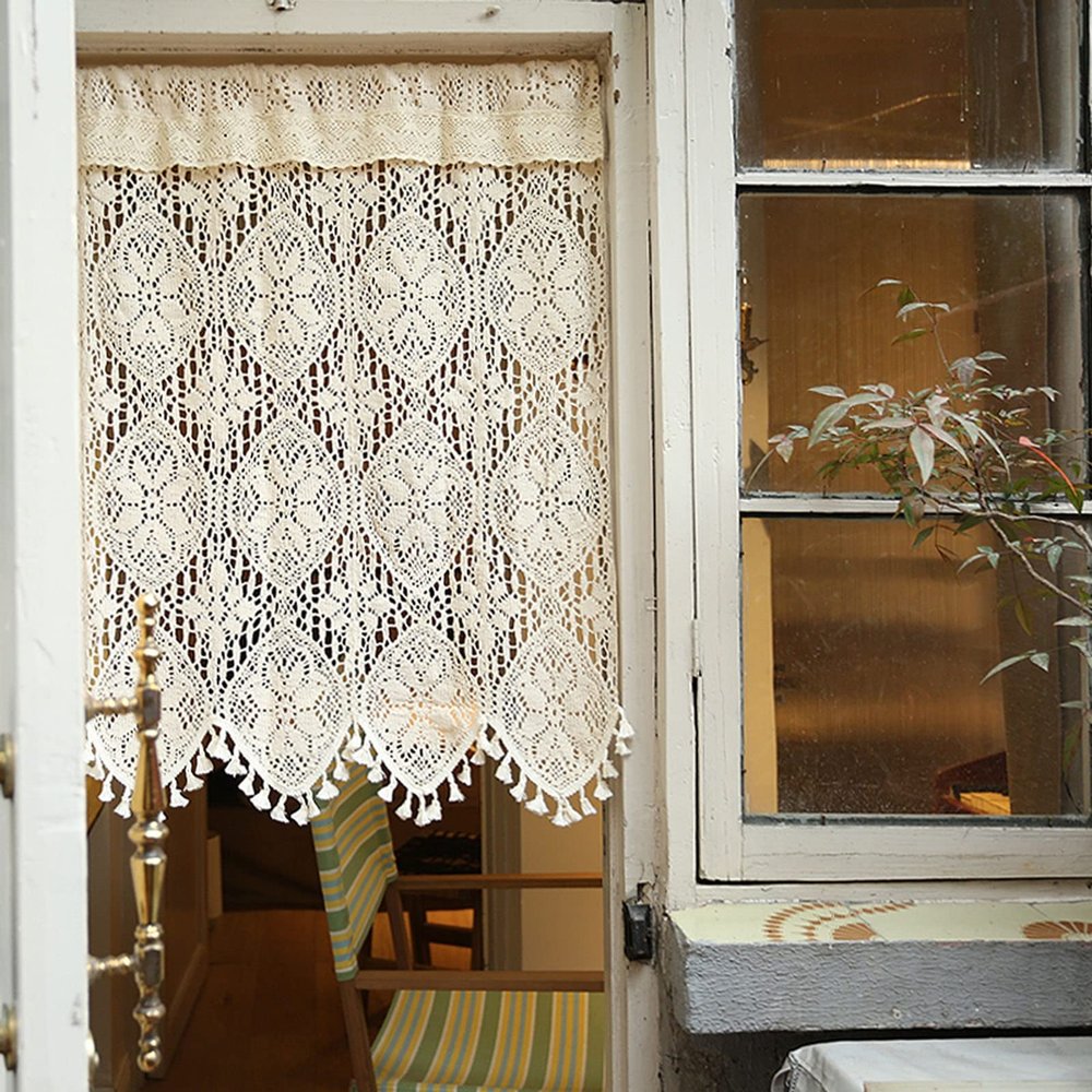 Vintage Crochet Cotton-Linen Lace Curtain, Sheer Valance, 1 Pc
