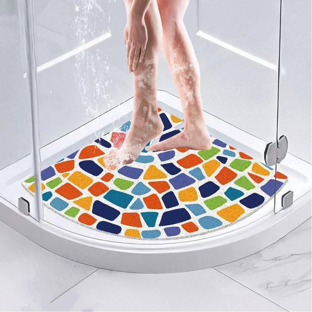 Non-Slip, Mold-Resistant Quarter-Circle Shower Mat with Drain