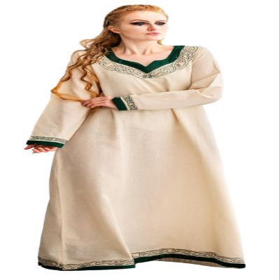 Leonardo Carbone Women's Lagertha Dress | Hand Embroidery | V-Neck | Viking Medieval Costume | Natural/Green, L