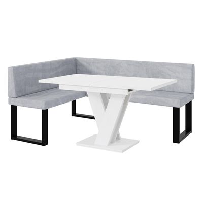 MEBLINI Toni Dining Corner Bench with Extendable Table, Left, Light Gray Velvet/Matte White, 128 x 168 x 87 cm
