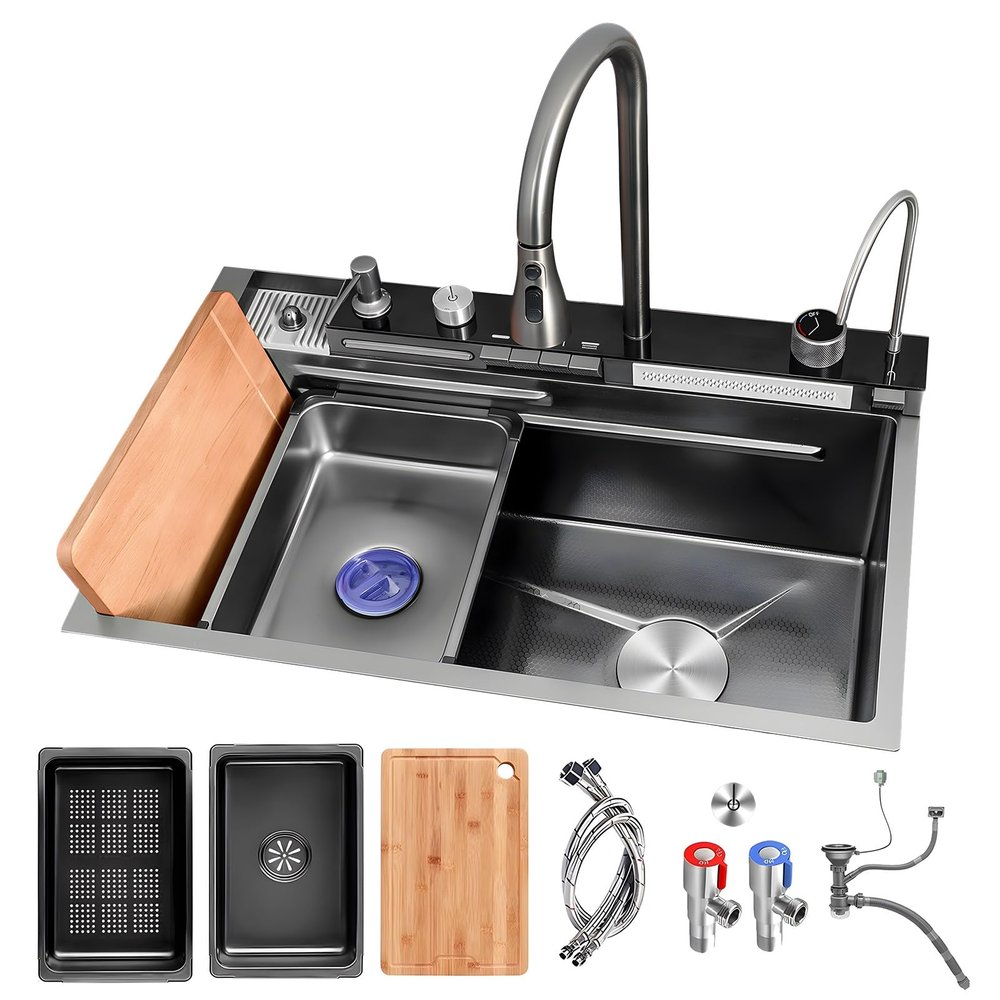 Waterfall Kitchen Sink with Faucet, Multifunctional Single-Bowl Workstation Sink, Stainless Steel, 80 x 46 x 22 cm
