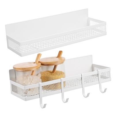 BUGUUYO 2-Piece Magnetic Metal Shelves with Hooks, Magnetic Spice Racks for Refrigerator, Kitchen, Bathroom & Locker