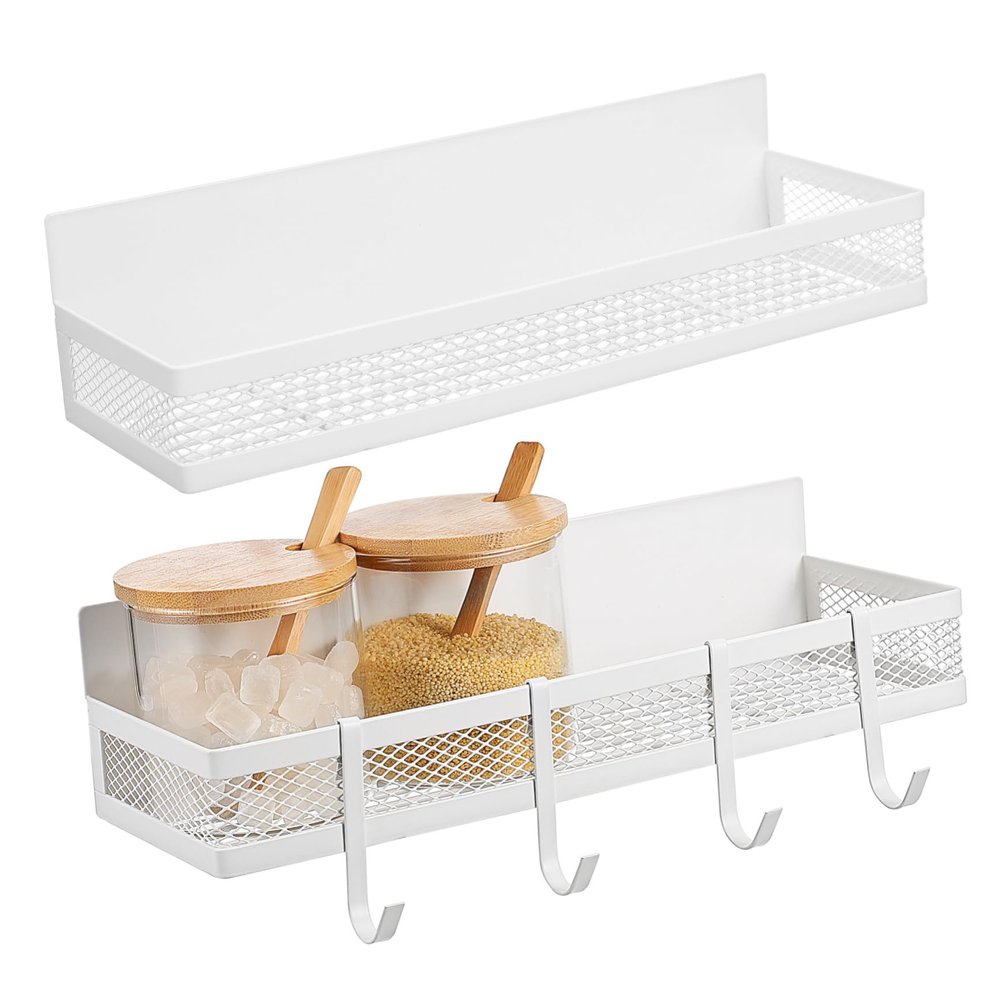 BUGUUYO 2-Piece Magnetic Metal Shelves with Hooks, Magnetic Spice Racks for Refrigerator, Kitchen, Bathroom & Locker