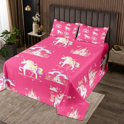 Unicorn Quilted Bedspread Set, 170 x 210 cm, Pink Castle Design