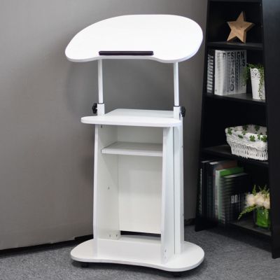 WEIDPHL Mobile Podium Stand, Height-Adjustable Sit-Stand Desk with Tilting Desktop and Storage Cabinet, Rolling Cart for School, Home and Office, White