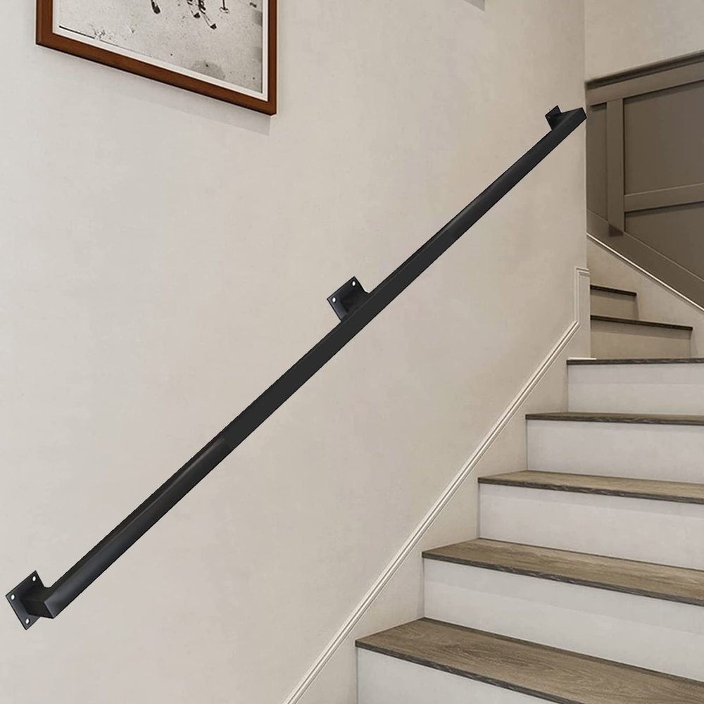 Square Black Metal Railing for Indoor Stairs, Wall-Mounted, 350 cm